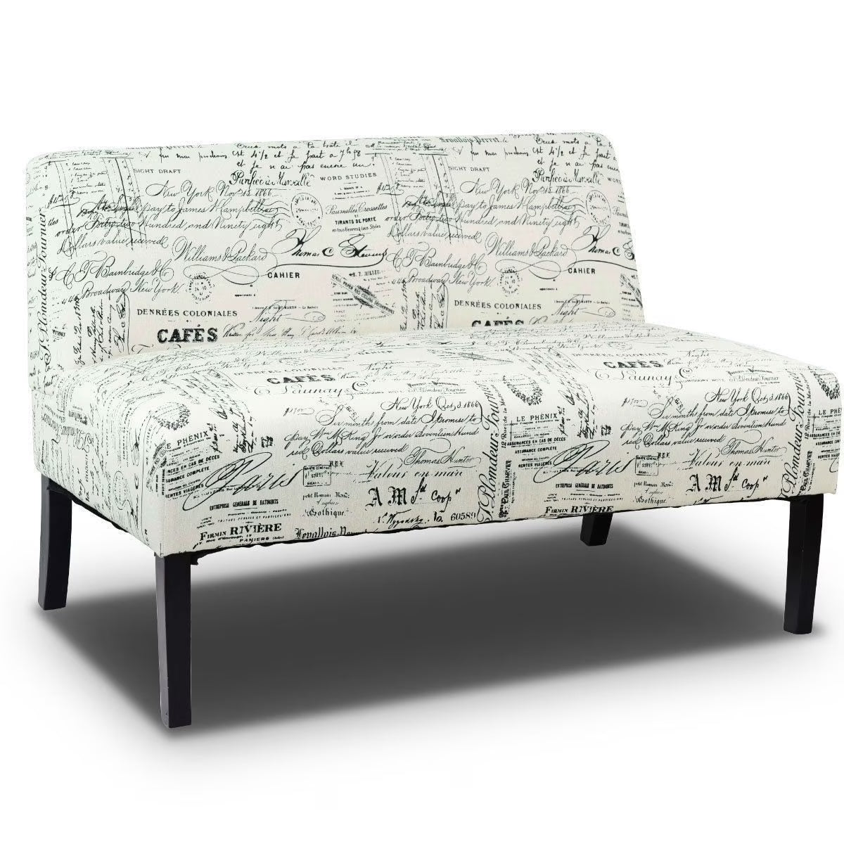 Off-White Cursive Pattern Loveseat Sofa with Black Wood Legs H43377