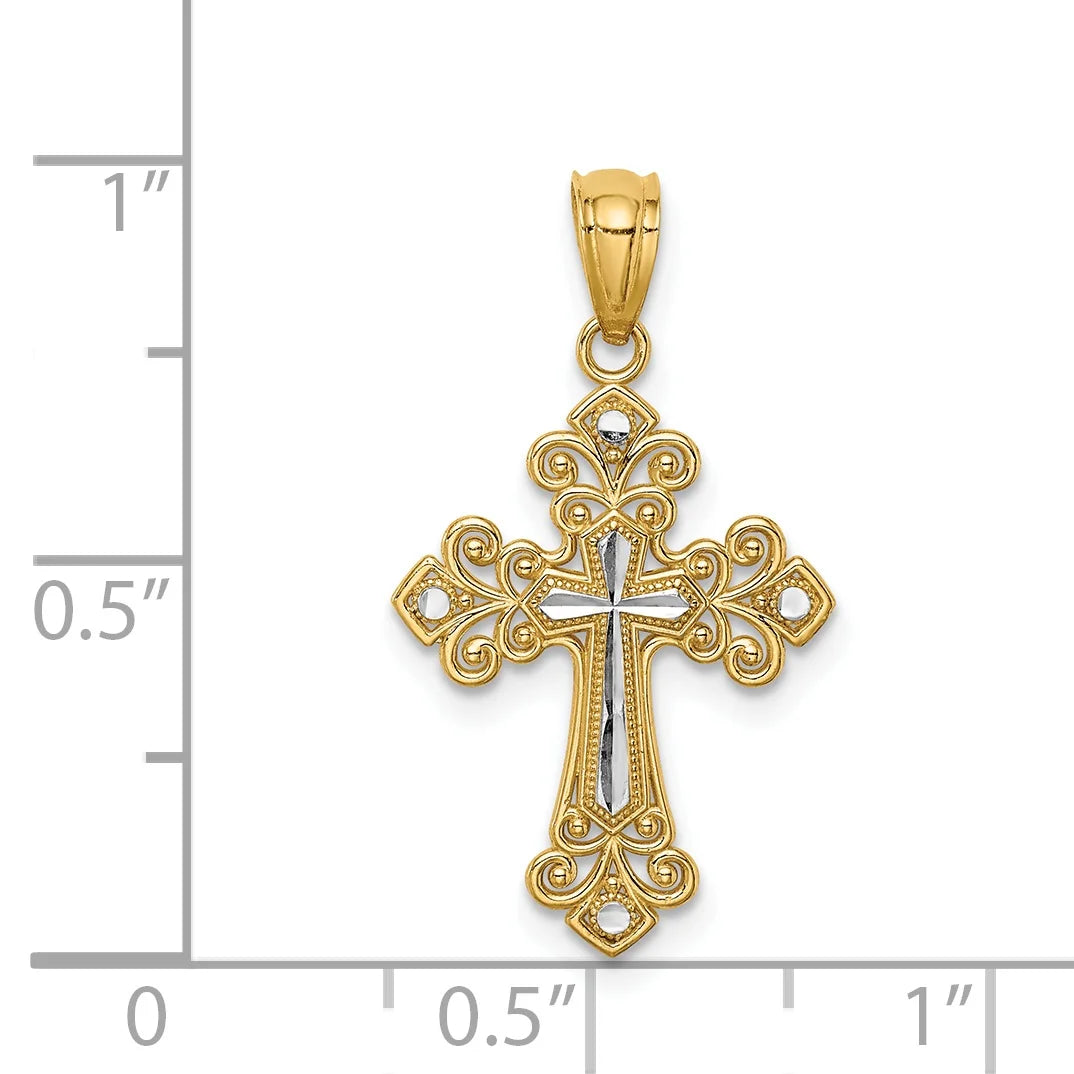 14K Two-Tone Gold Rhodium Plated Diamond Cut Cross Pendant With 14K Yellow Gold Rope Chain 20" C202588