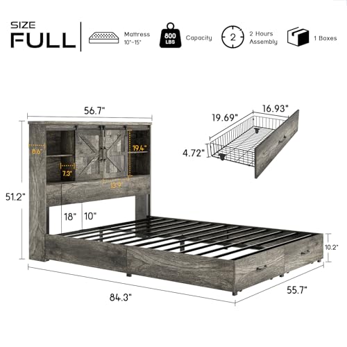 King Size Wood Platform Bed Frame with Bookcase Headboard and 2 Drawers F362