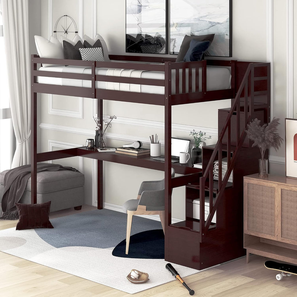 Twin Size Solid Wood Loft Bed with Desk and Storage Shelves J84524