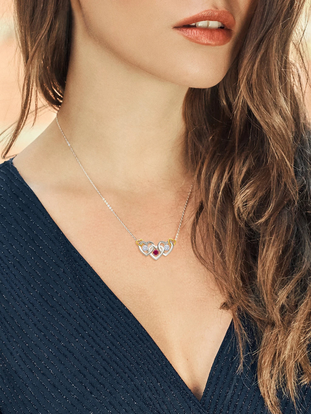925 Silver and 10K Yellow Gold Red Created Ruby White Moissanite and White Lab Grown Diamond Heart Shape Pendant Necklace with 18 inch Chain J8377