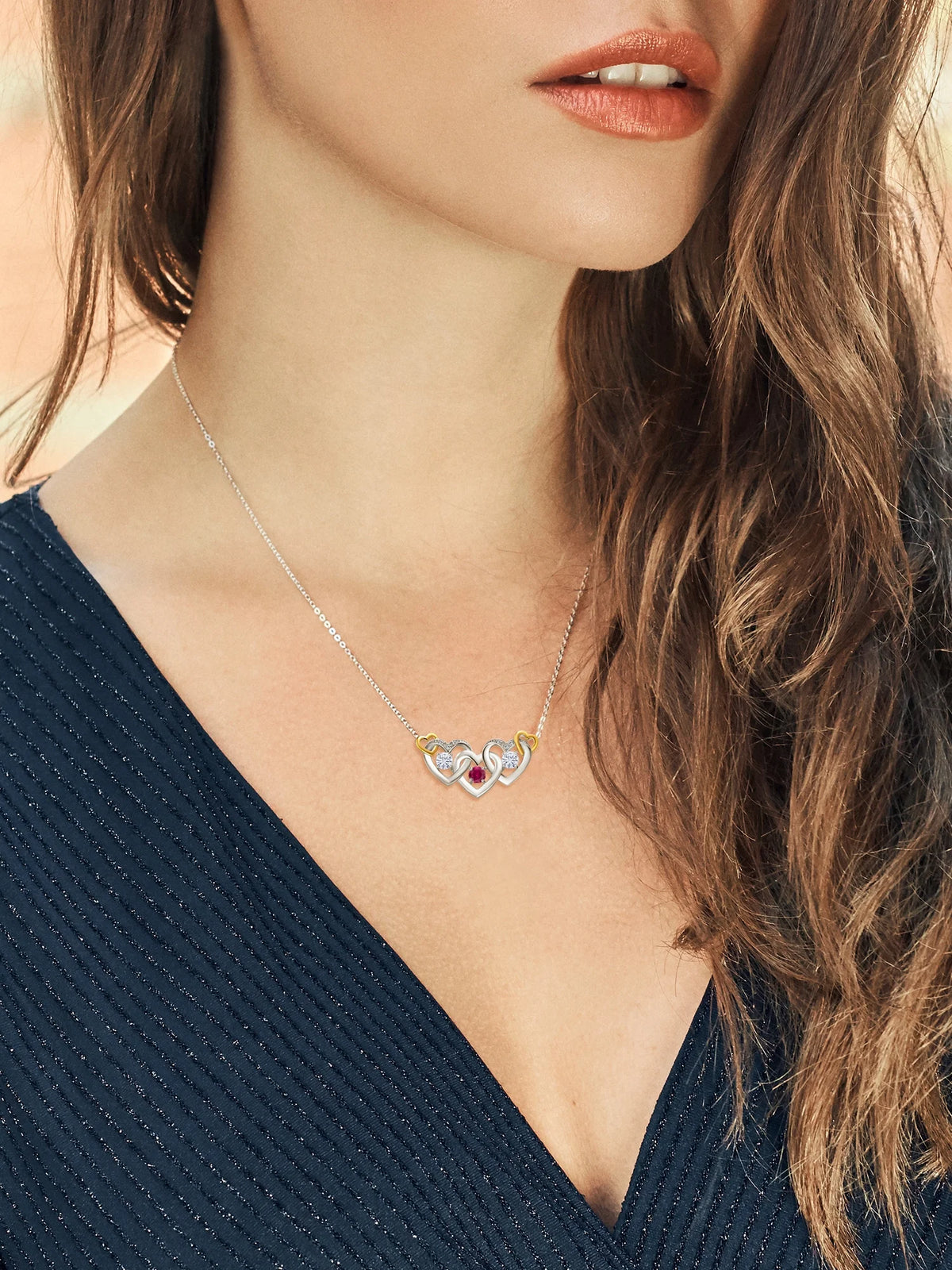 925 Silver and 10K Yellow Gold Red Created Ruby White Moissanite and White Lab Grown Diamond Heart Shape Pendant Necklace with 18 inch Chain J8377