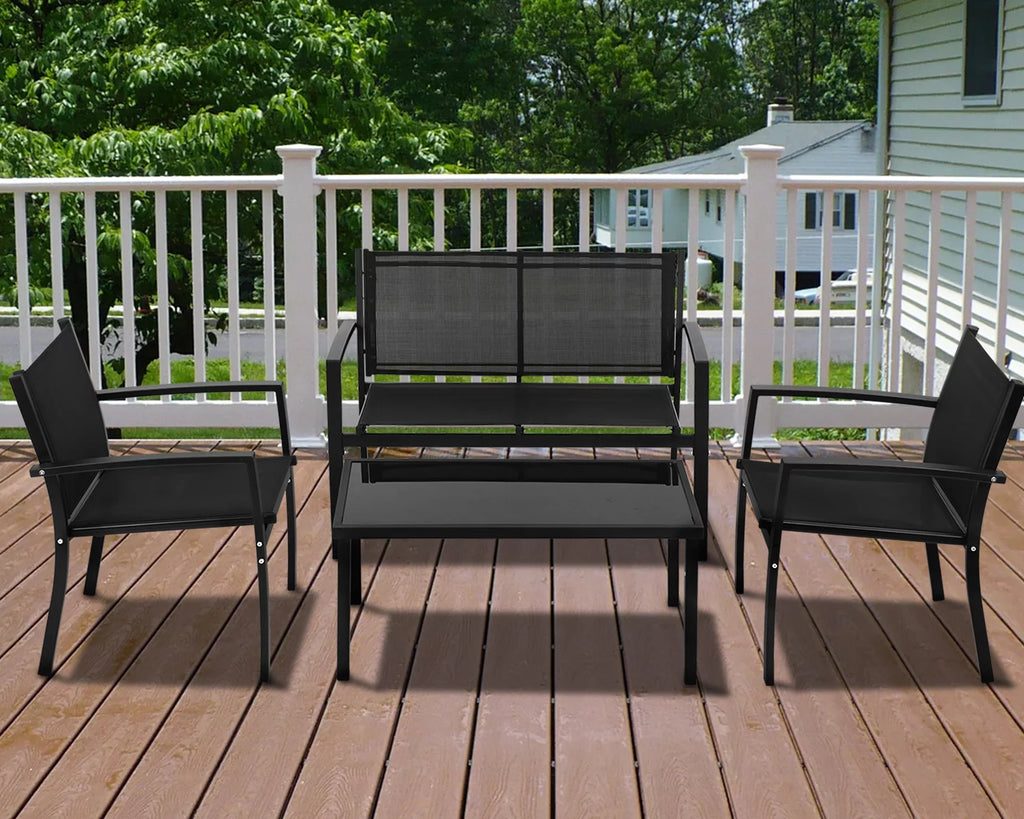 4 Piece Patio Conversation Set with Tempered Glass Tabletop Black O3164