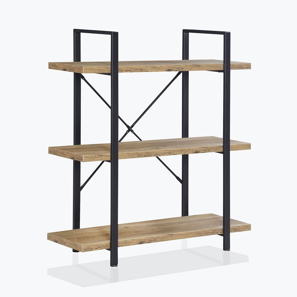 Rustic Oak 3 Shelves Wood & Metal Bookshelf J385534