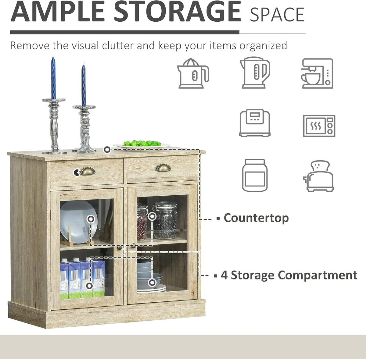 Rustic Oak Sideboard Storage Cabinet with 2 Glass Doors and 2 Drawers T737