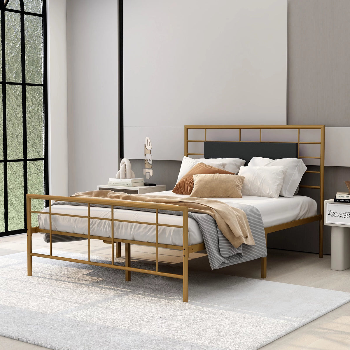 Queen Size Black Metal Platform Bed Frame with Leather Upholstered Headboard K5803