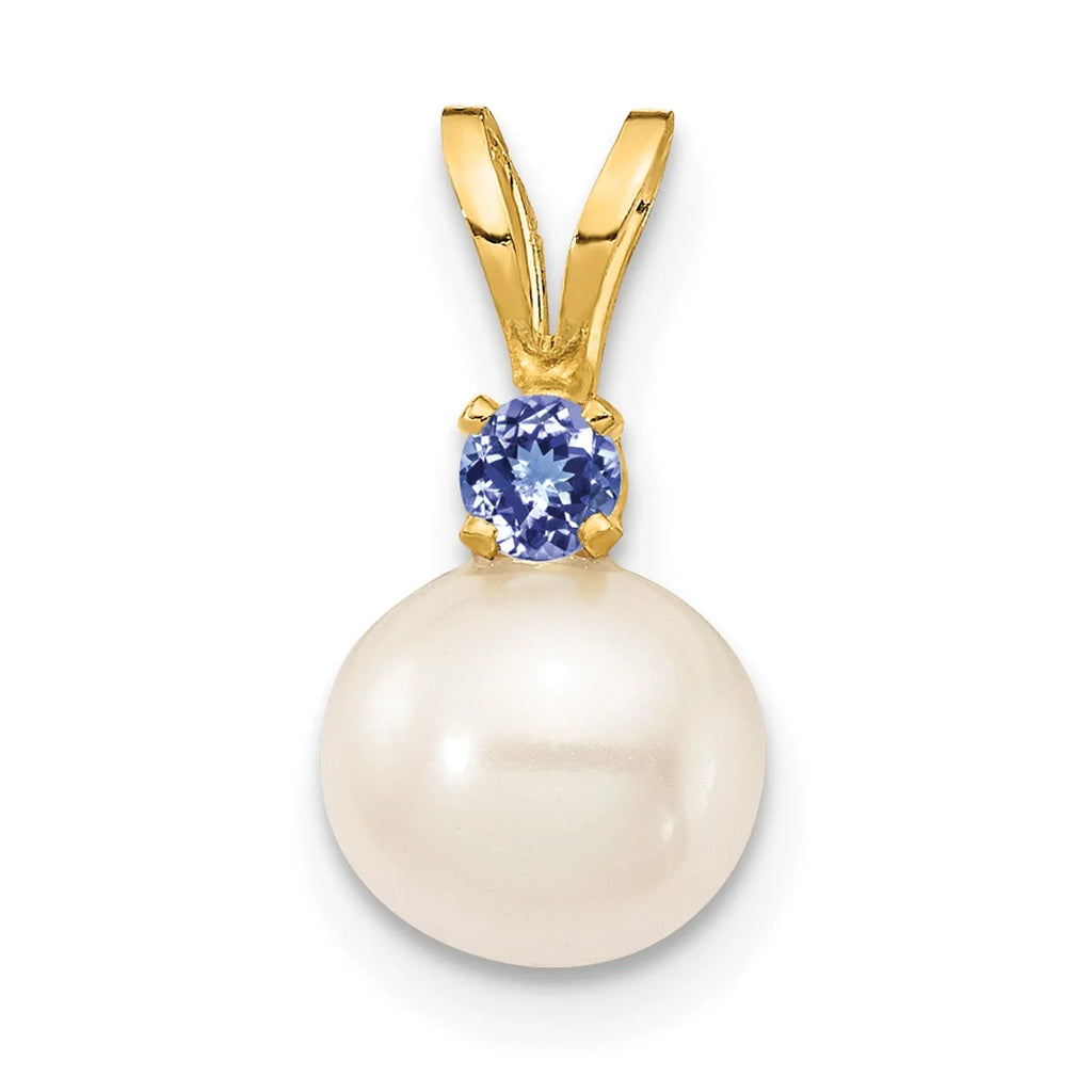 14K Yellow Gold Fresh-Water-Cultured Pearl Tanzanite Pendant Charm with Rope Chain Necklace 16'' P3996