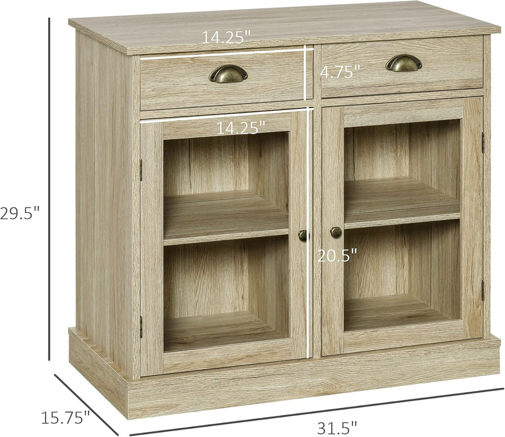 Rustic Oak Sideboard Storage Cabinet with 2 Glass Doors and 2 Drawers T737