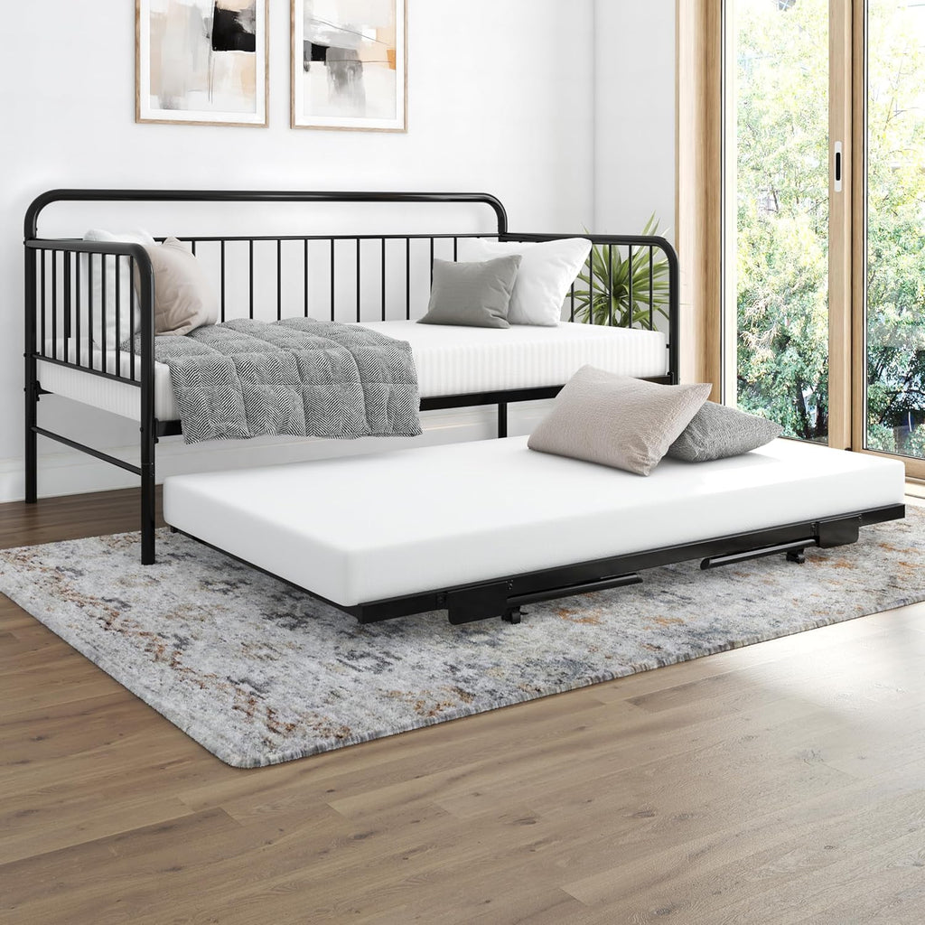 Black Metal Twin Daybed with Pop Up Trundle Bed B2797
