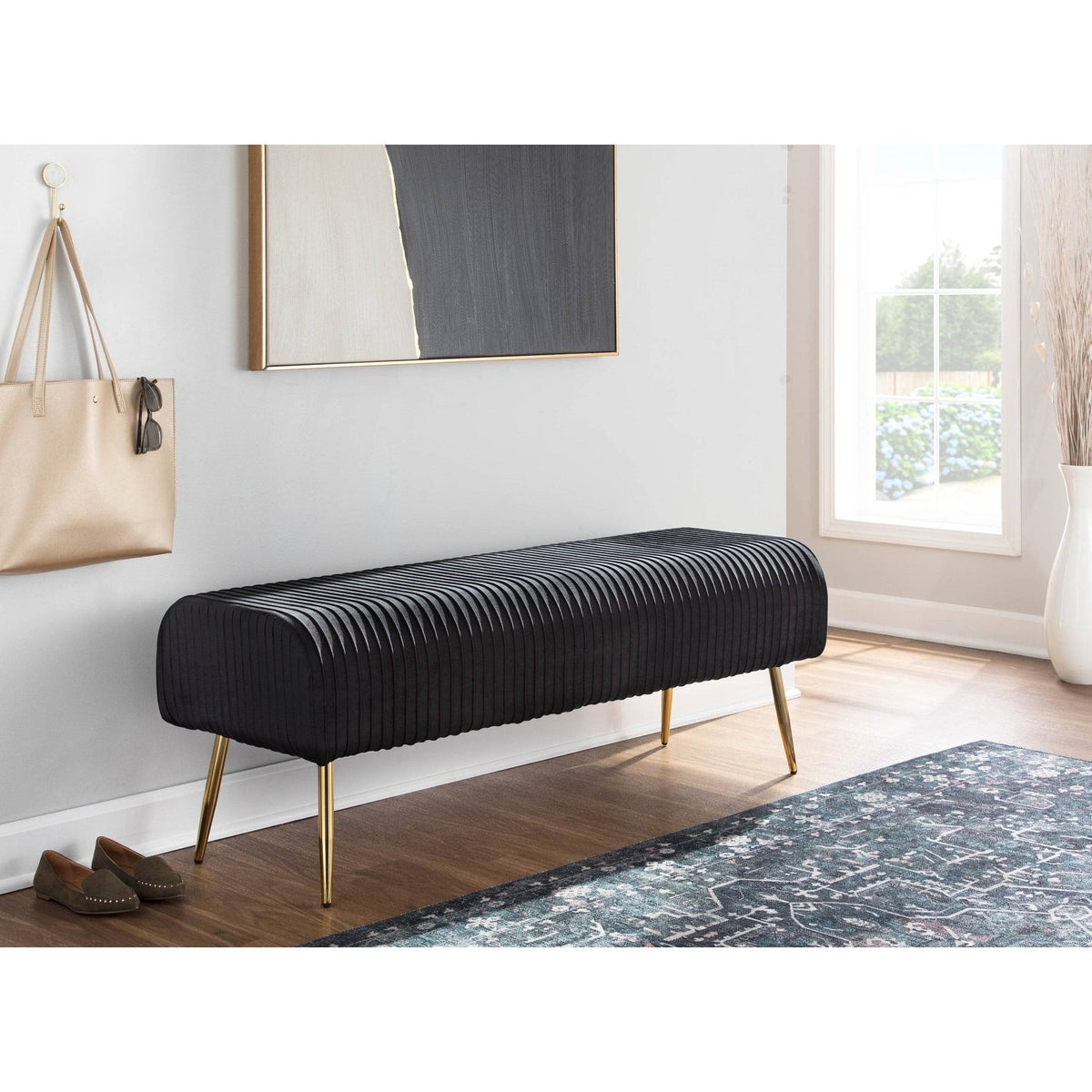 Silver Velvet and Gold Steel Pleated Bench E804763