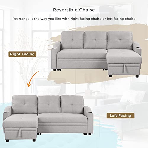 80.3" Linen Fabric 3 Seater Sofa Bed with Storage Chaise B9877