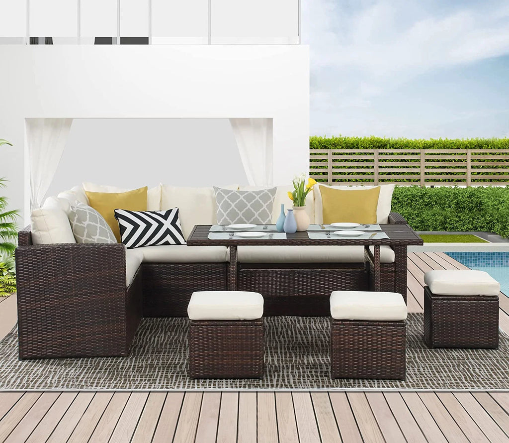 Ivory 7 Piece Outdoor Wicker Dining Sectional Sofa with Ottoman U905310