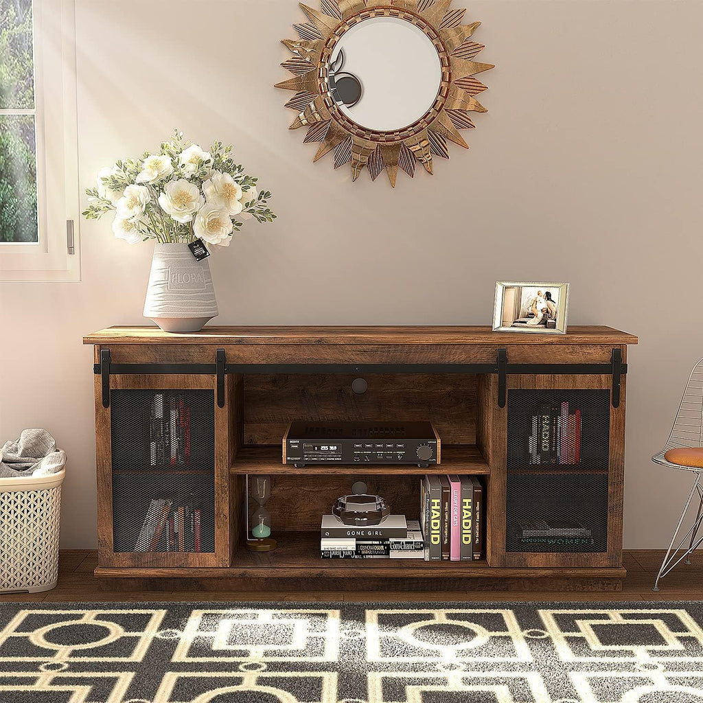 Farmhouse TV Stand with Sliding Barn Doors and Storage Cabinets (Brown) K914
