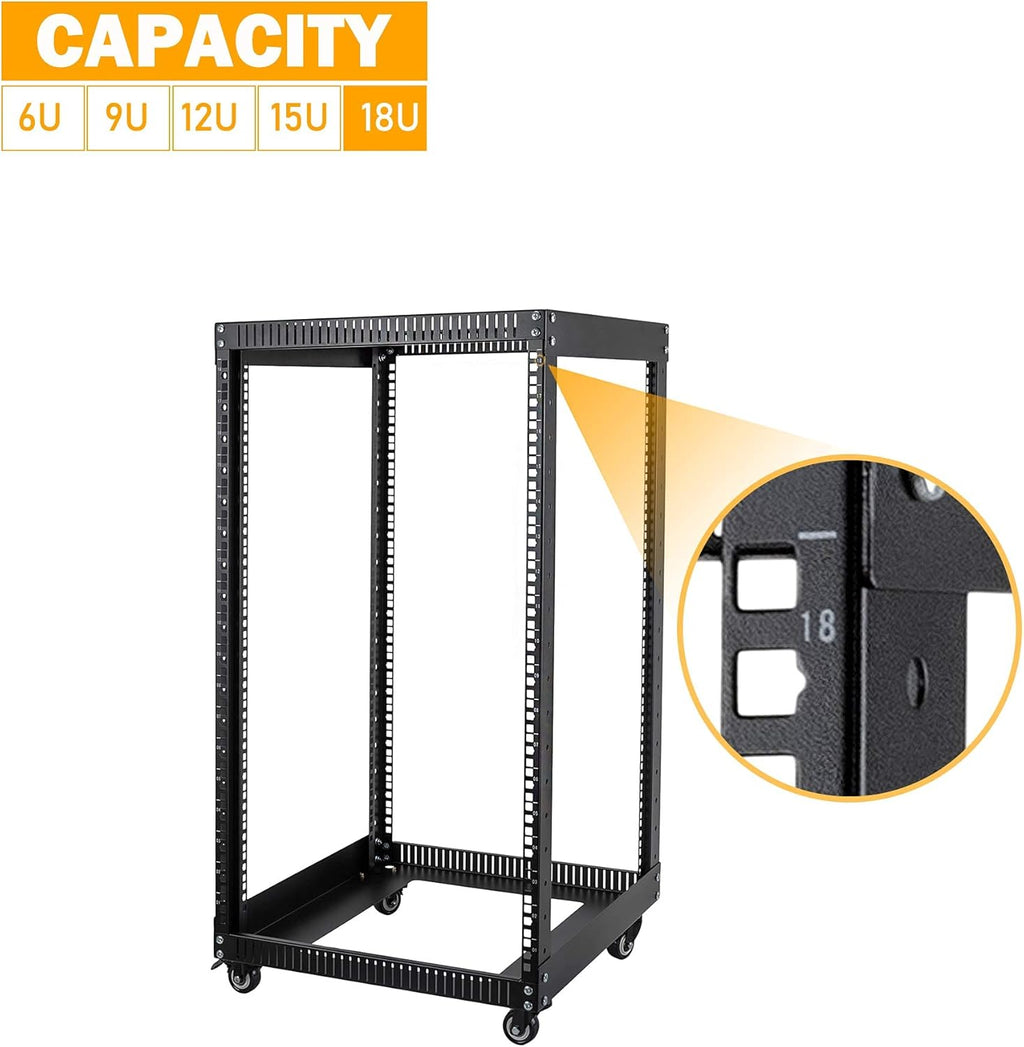18U 4 Post Open Frame Server Rack with Brake Casters Black T4163