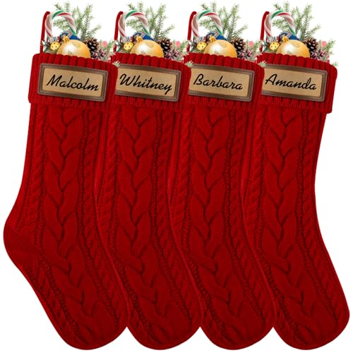 4 Pack 18 Inch Cable Knitted Christmas Stockings with Name Tags Red White O956