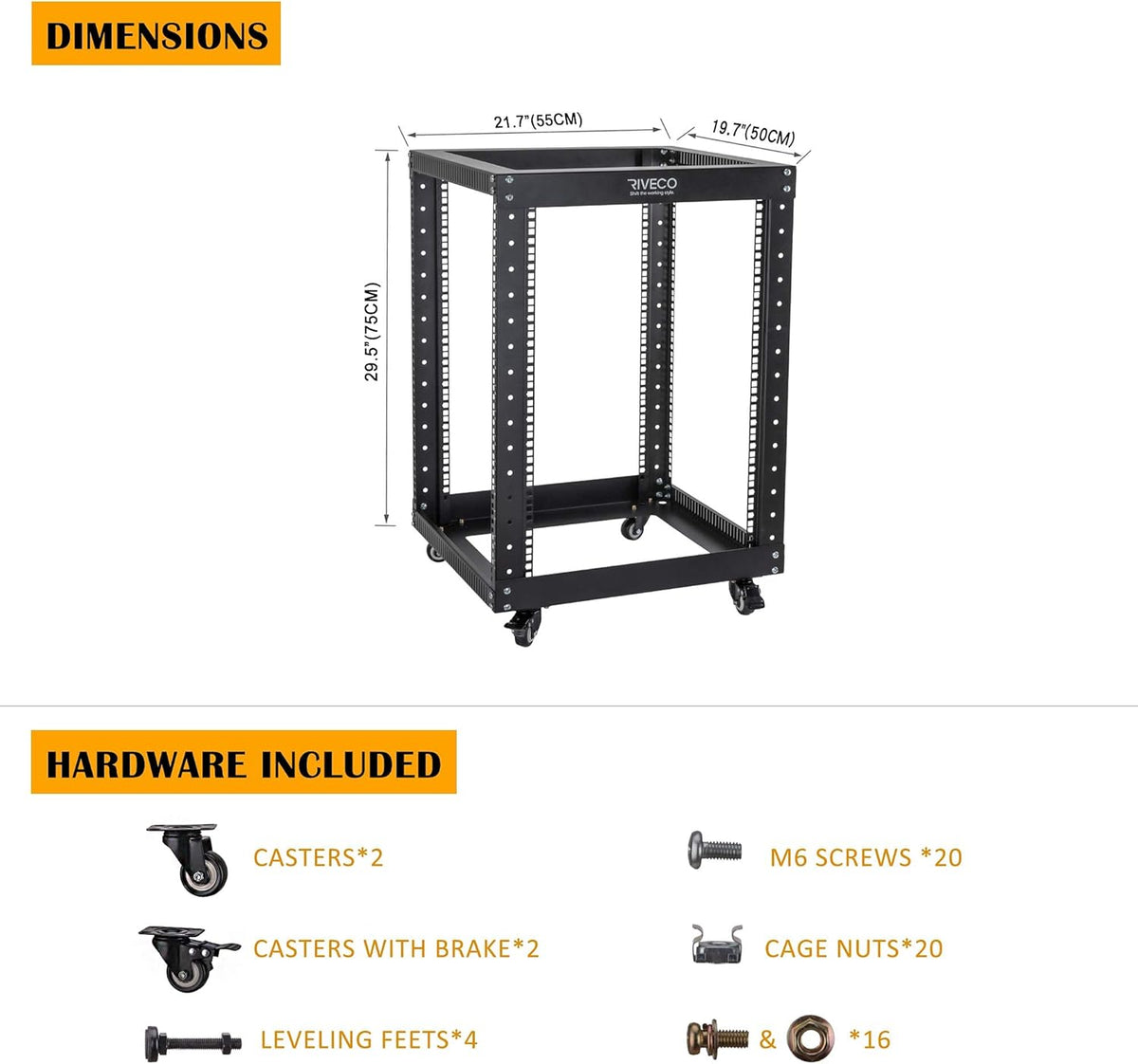 18U 4 Post Open Frame Server Rack with Brake Casters Black T4163