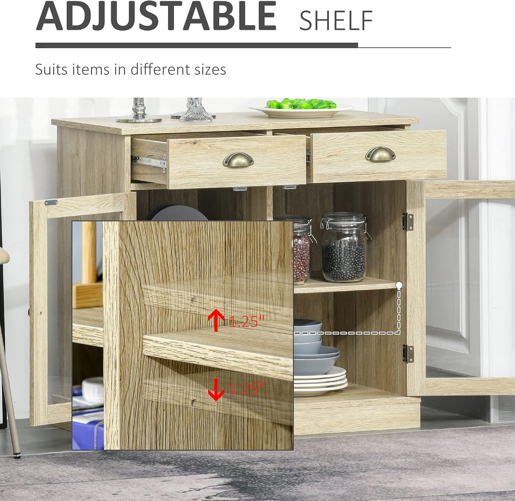 Rustic Oak Sideboard Storage Cabinet with 2 Glass Doors and 2 Drawers T737