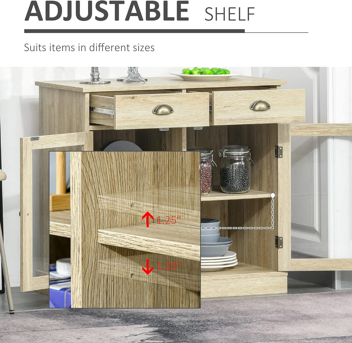 Rustic Oak Sideboard Storage Cabinet with 2 Glass Doors and 2 Drawers T737