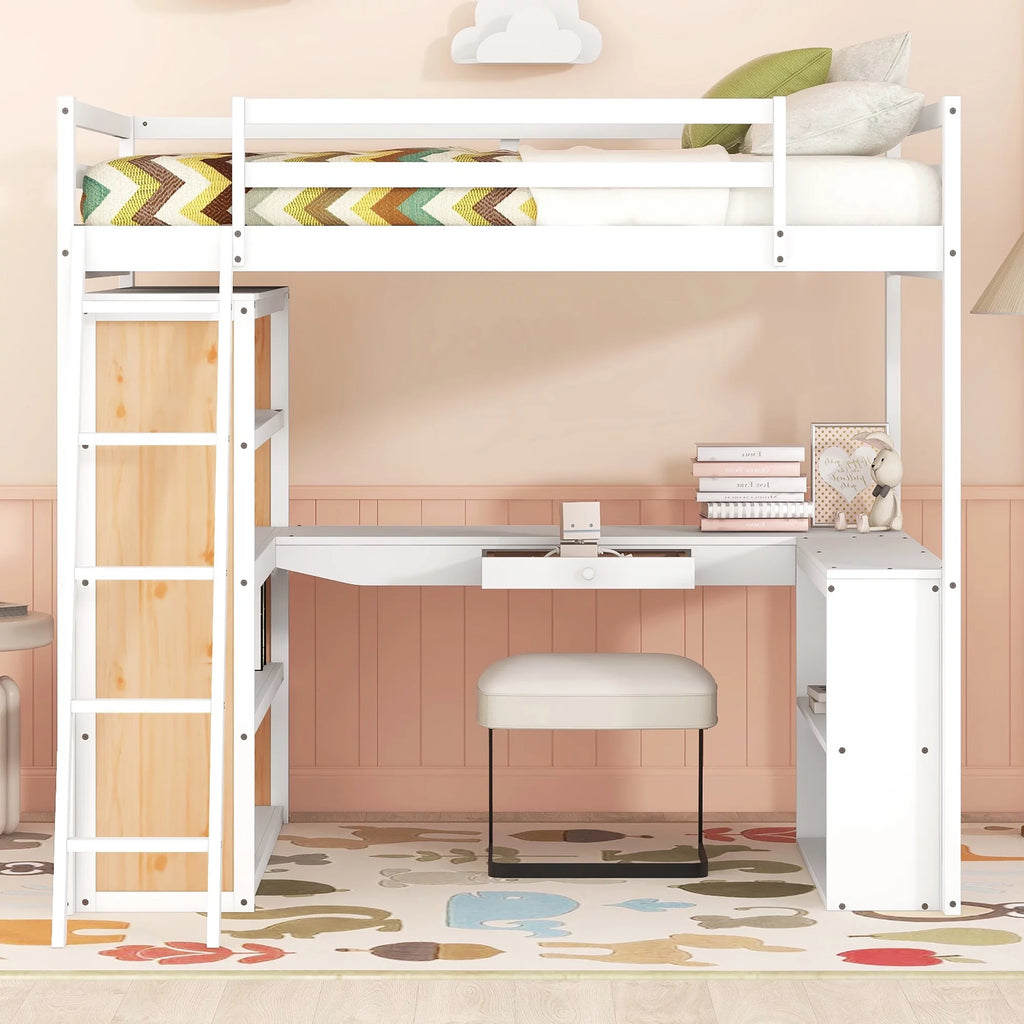 White Full Size Loft Bed with Ladder Shelves and Desk U99827