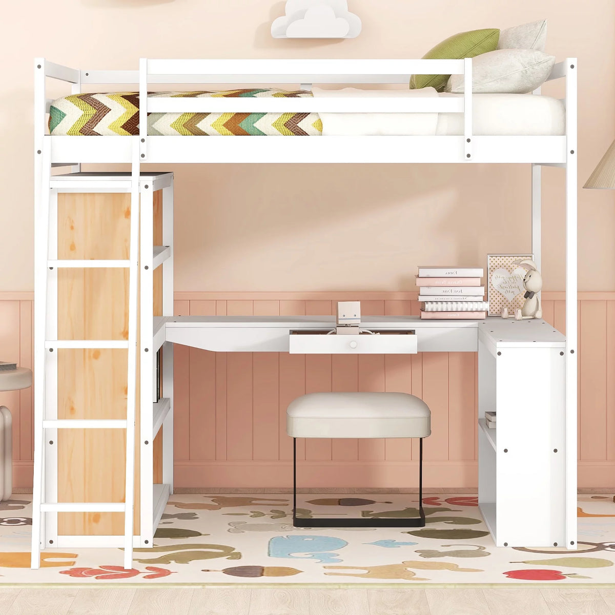 White Full Size Loft Bed with Ladder Shelves and Desk U99827