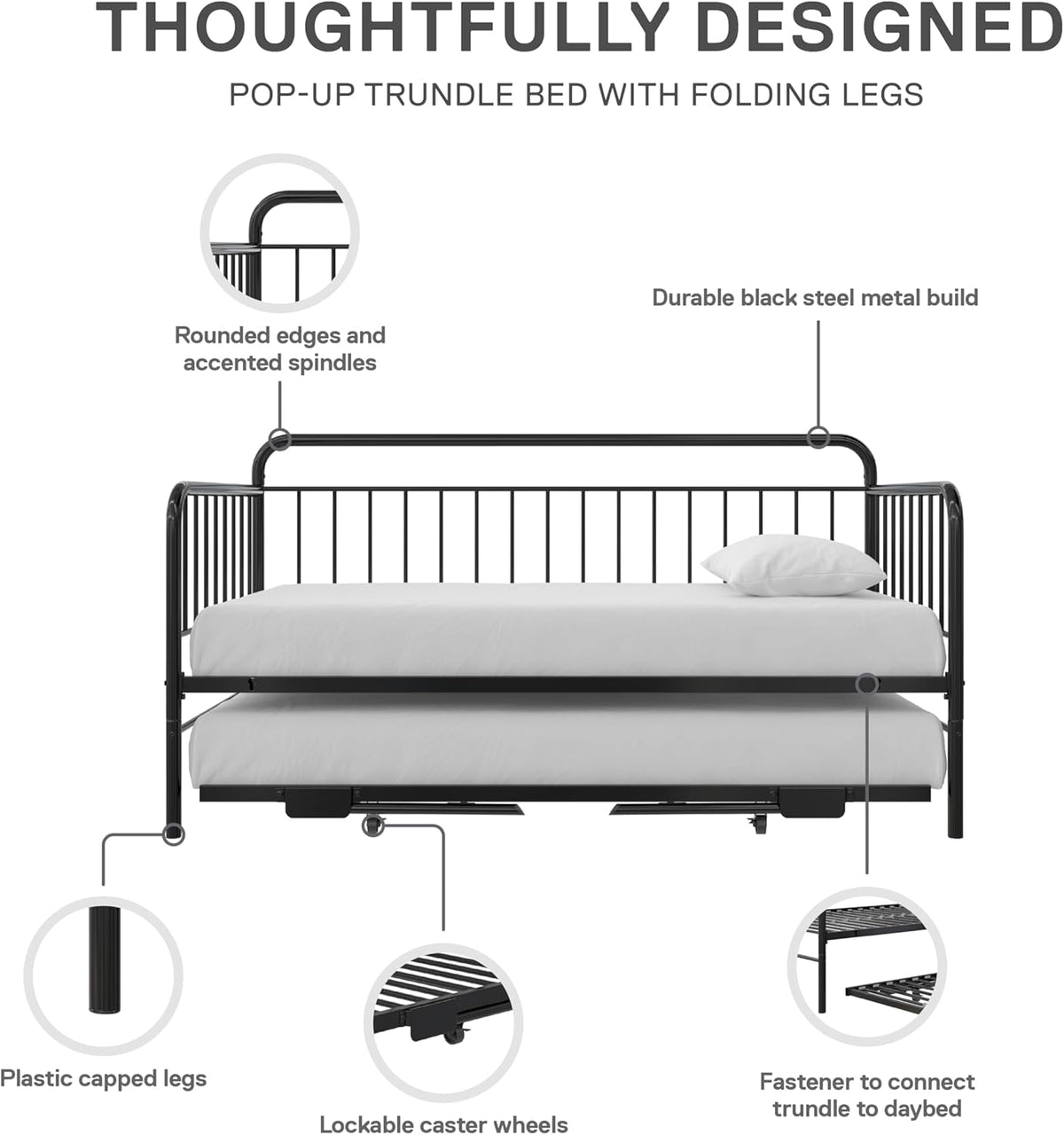 Black Metal Twin Daybed with Pop Up Trundle Bed B2797