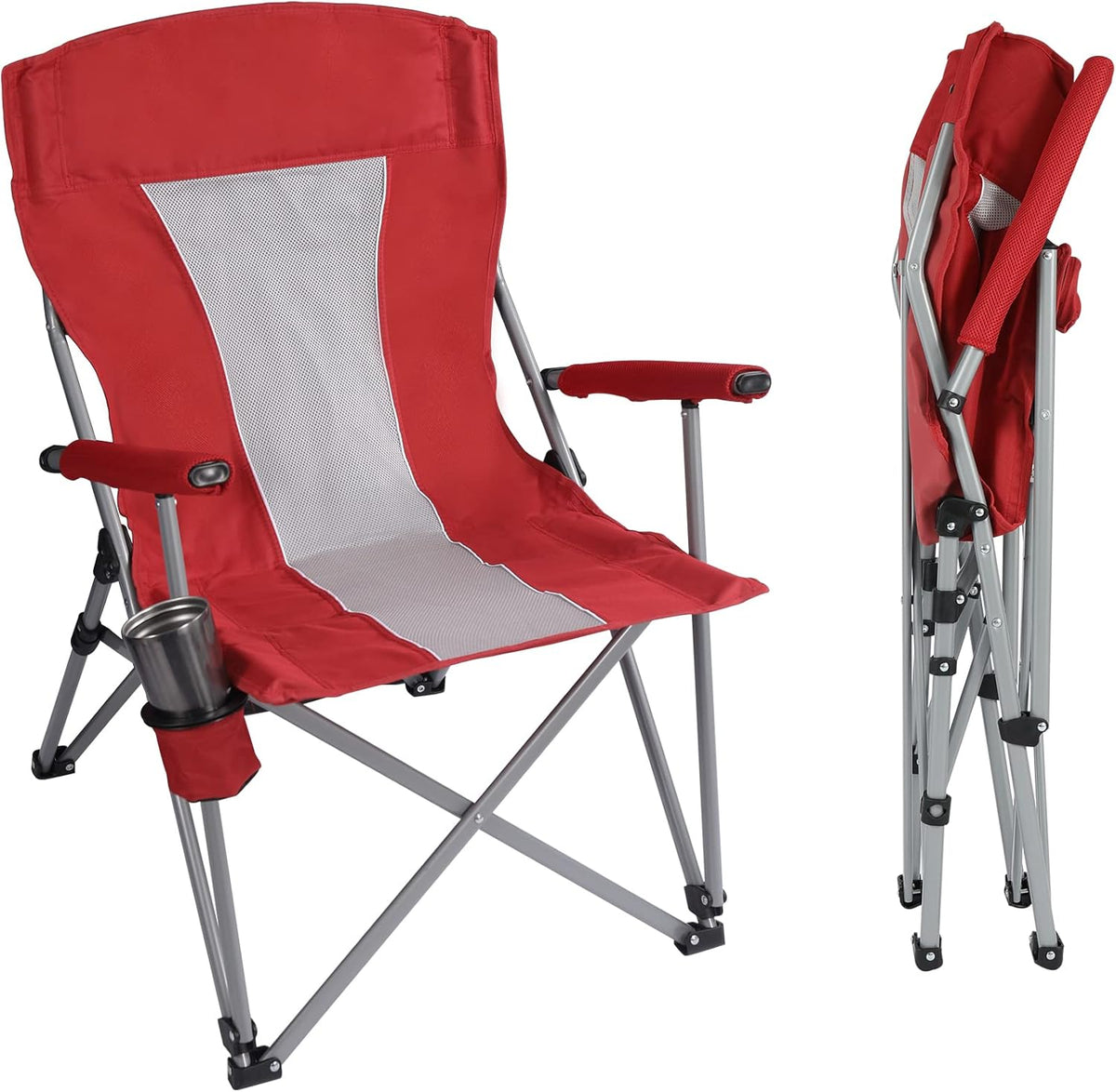 Oversized Folding Camping Chairs with Hard Armrests and Cup Holder O89811