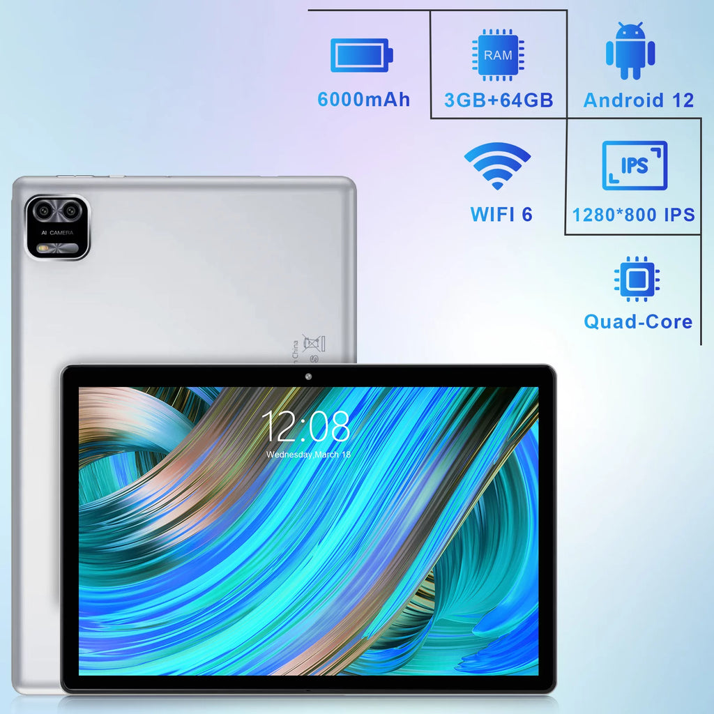 10 inch Android 12.0 Tablet 3GB RAM 64GB Storage Quad-Core 6000mAh W71032