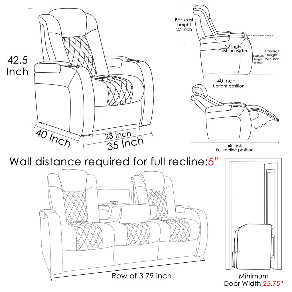Top Grain Leather Recliner Chair Row of 3 Black S639