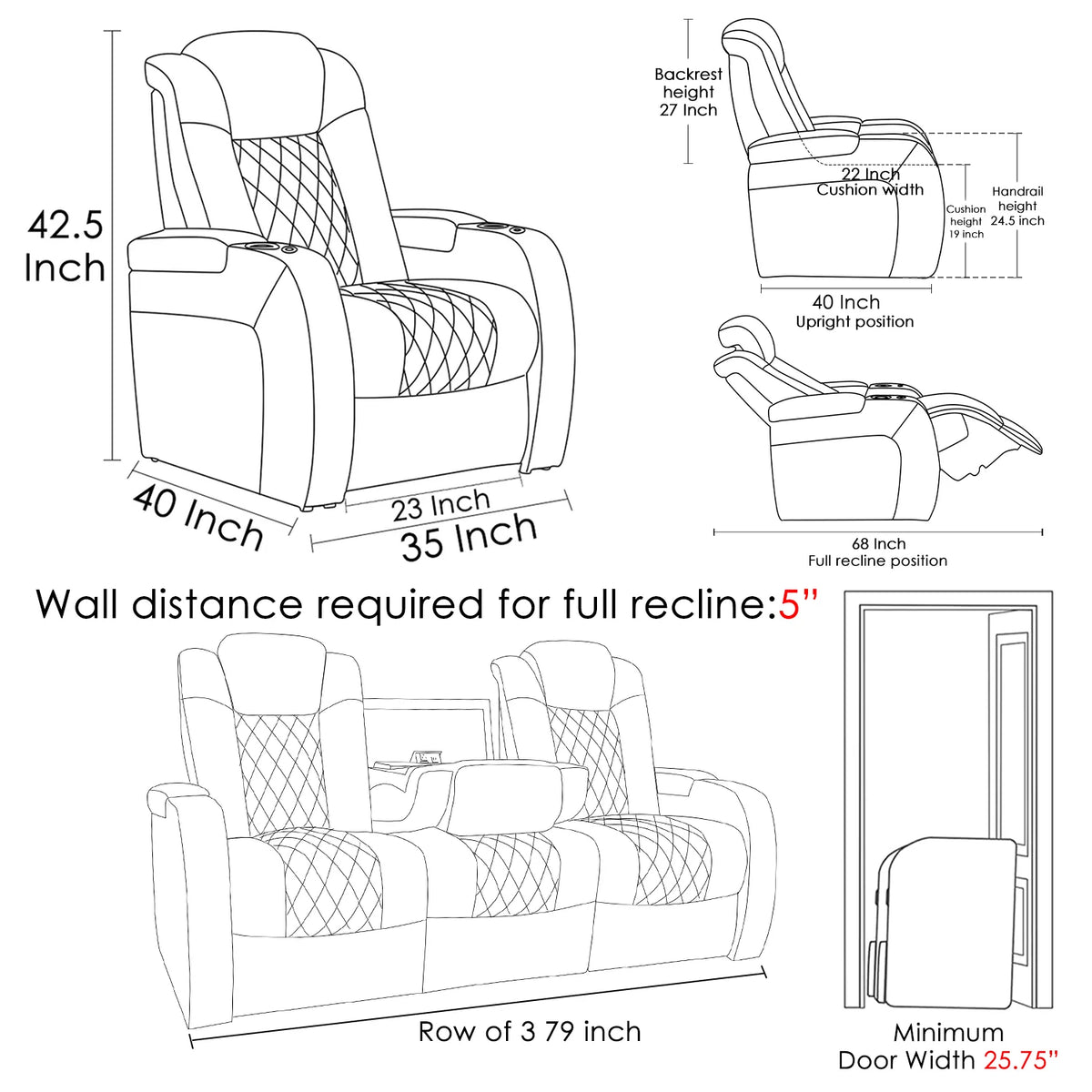 Top Grain Leather Recliner Chair Row of 3 Black S639