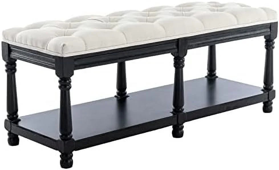 Beige Fabric Upholstered Bench with Ring Pull Q7447