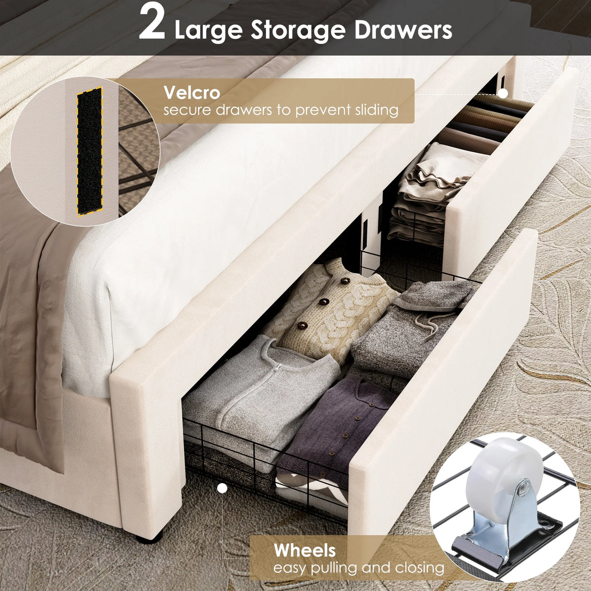 Full Size Velvet Upholstered Platform Bed Frame with 2 Drawers E30159
