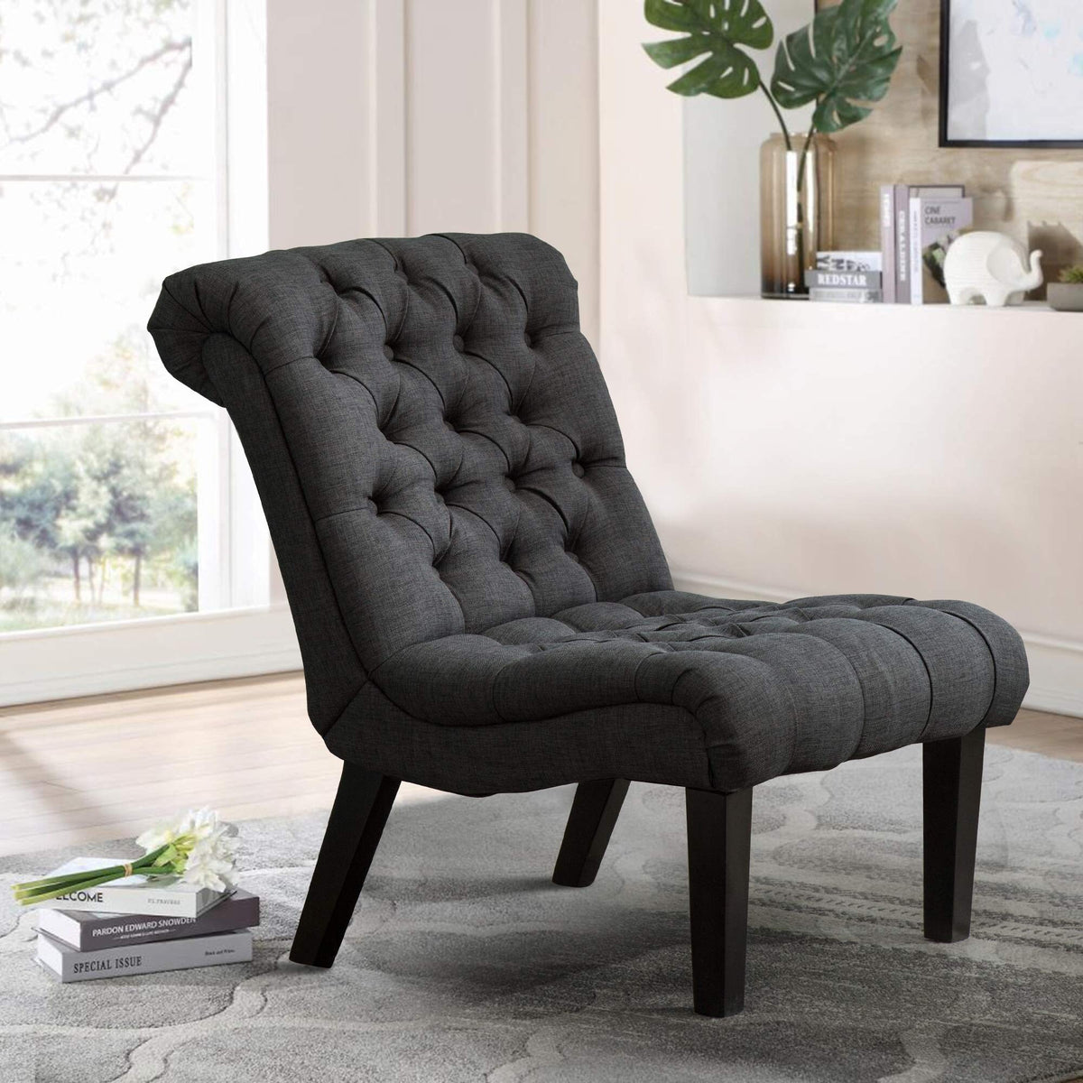 Cream Linen Tufted Accent Chair with Wood Legs G35948