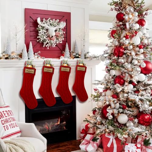 4 Pack 18 Inch Cable Knitted Christmas Stockings with Name Tags Red White O956