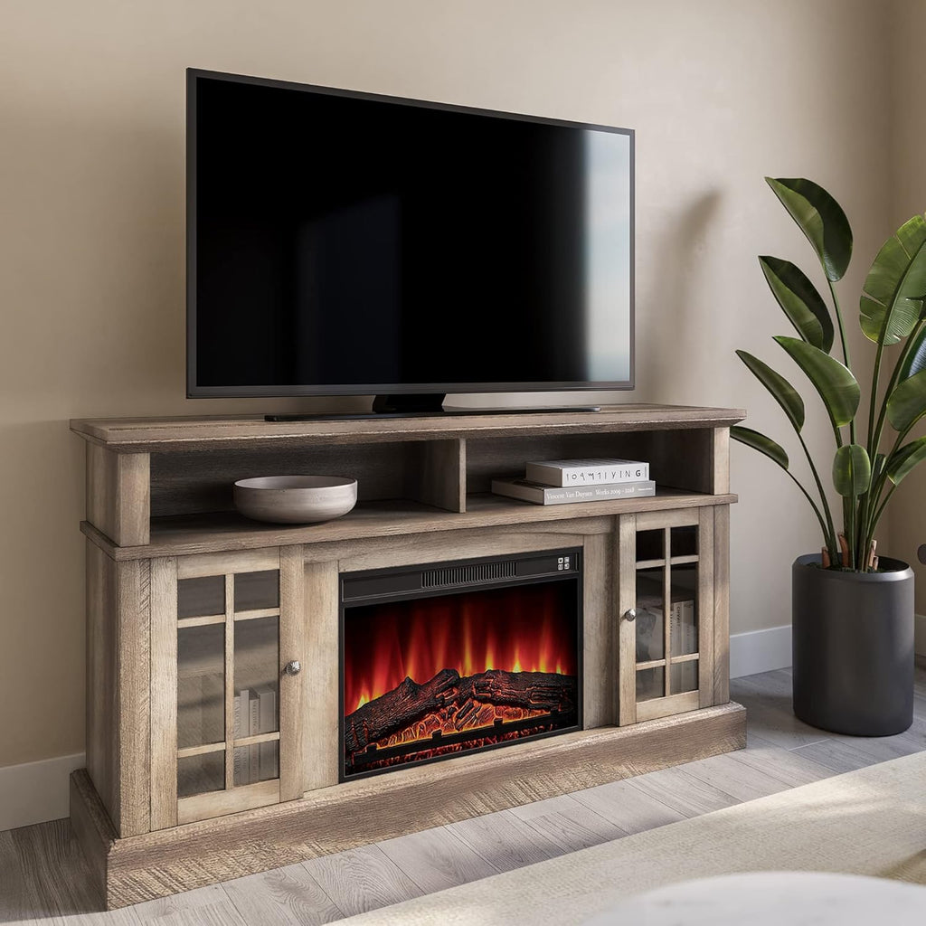 Traditional Rustic Electric Fireplace TV Stand with Open Storage Shelves & Cabinets (Light Gray) T153524