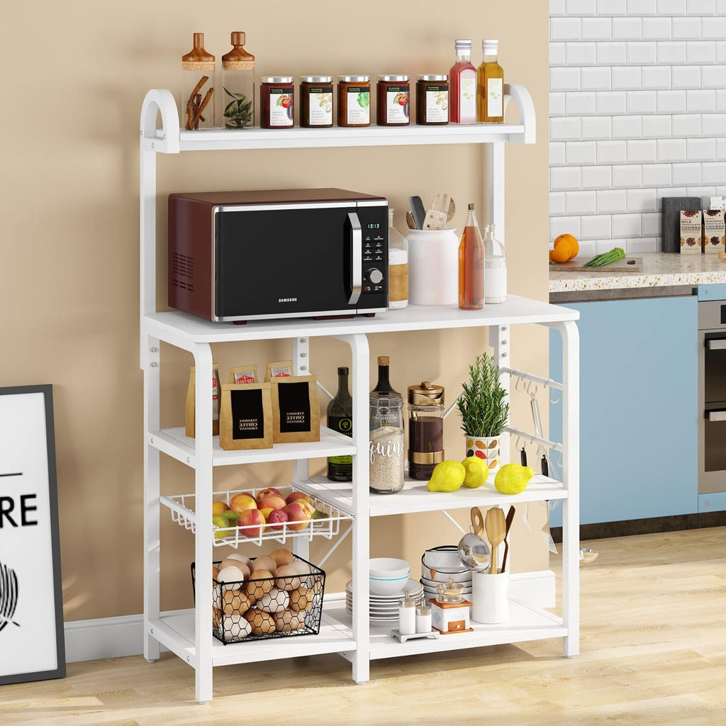 White Industrial Kitchen Cart with Wire Basket and 6 Hooks L574978