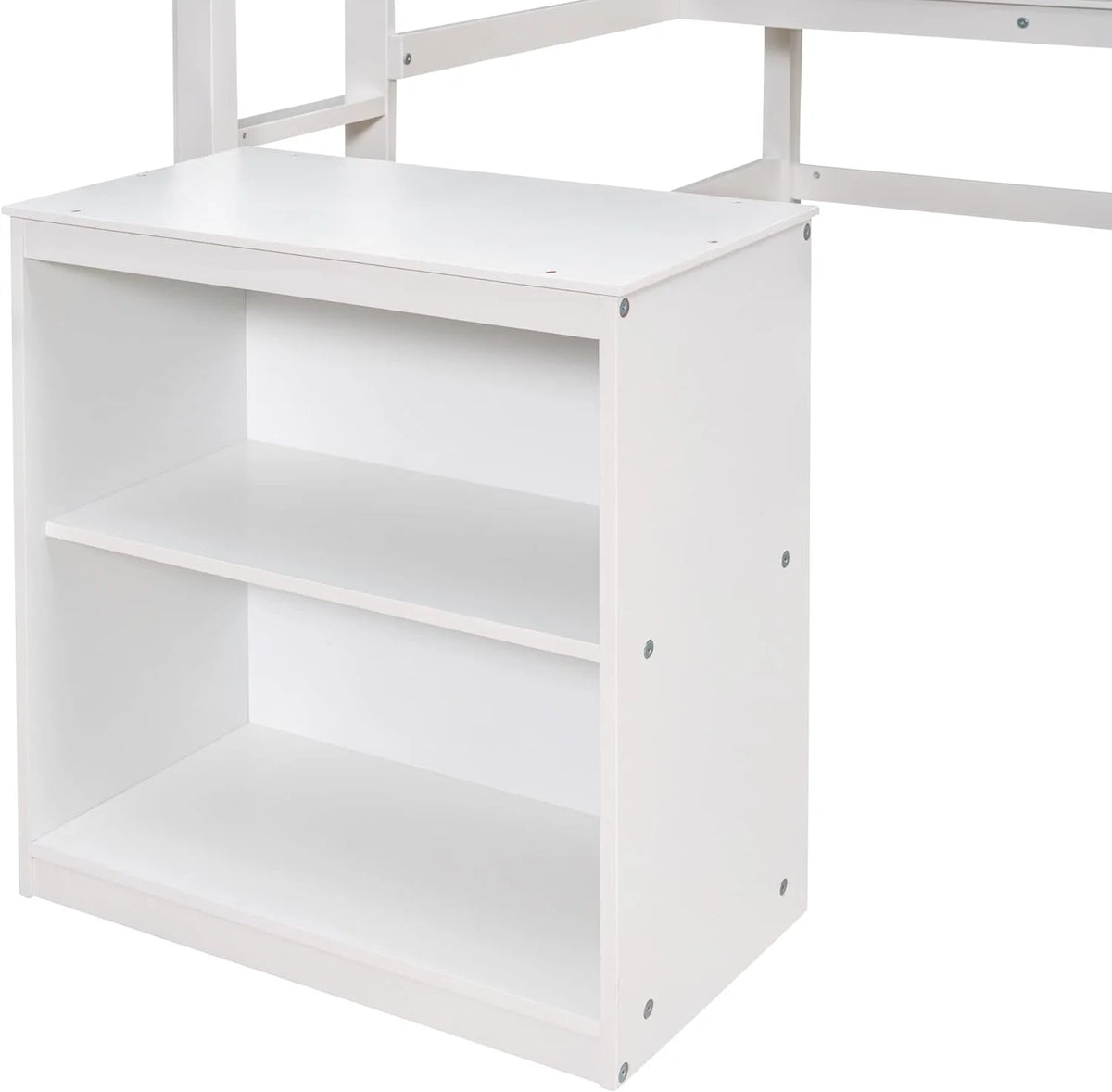 White Full Size Wood Loft Bed Frame with Desk and Storage Shelves Q57059
