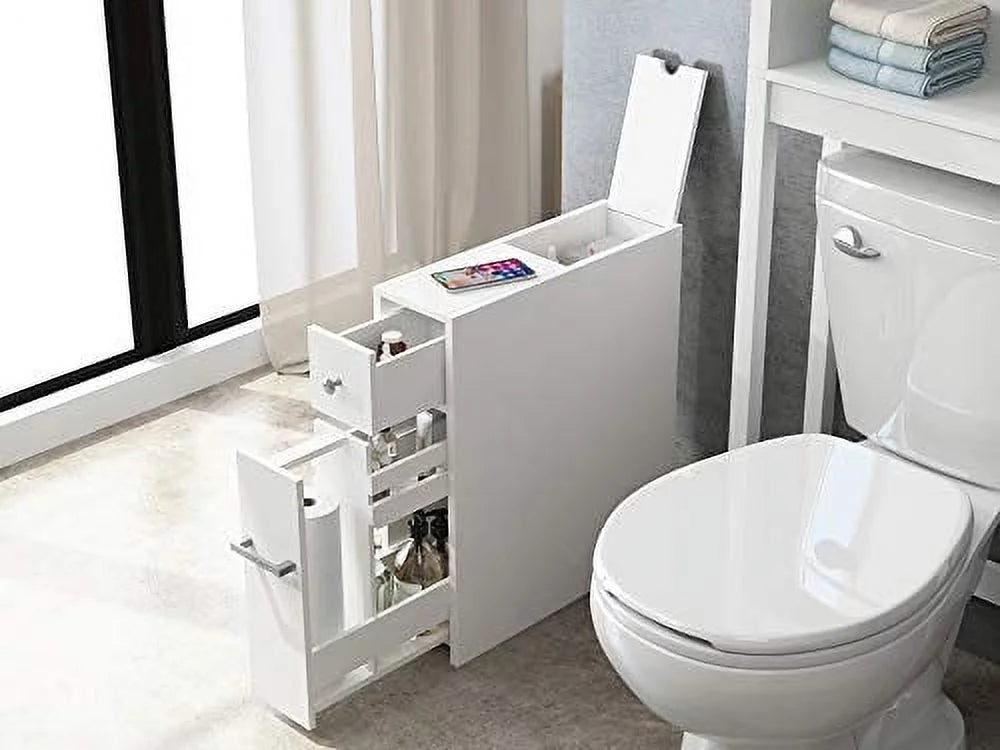 Slim White Bathroom Storage Cabinet with Slide Out Drawer W86925