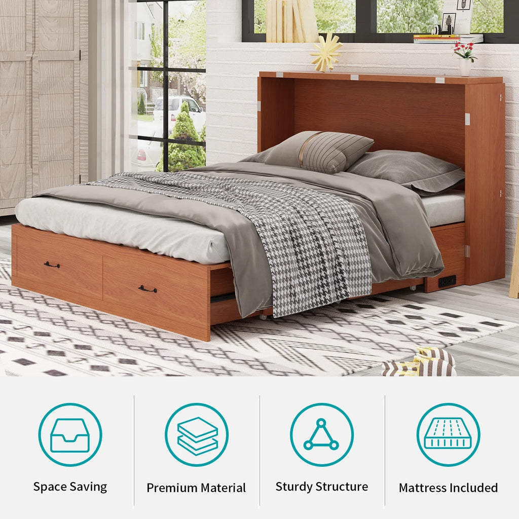 Queen Murphy Bed Cabinet with Charging Station and Memory Foam Mattress X542