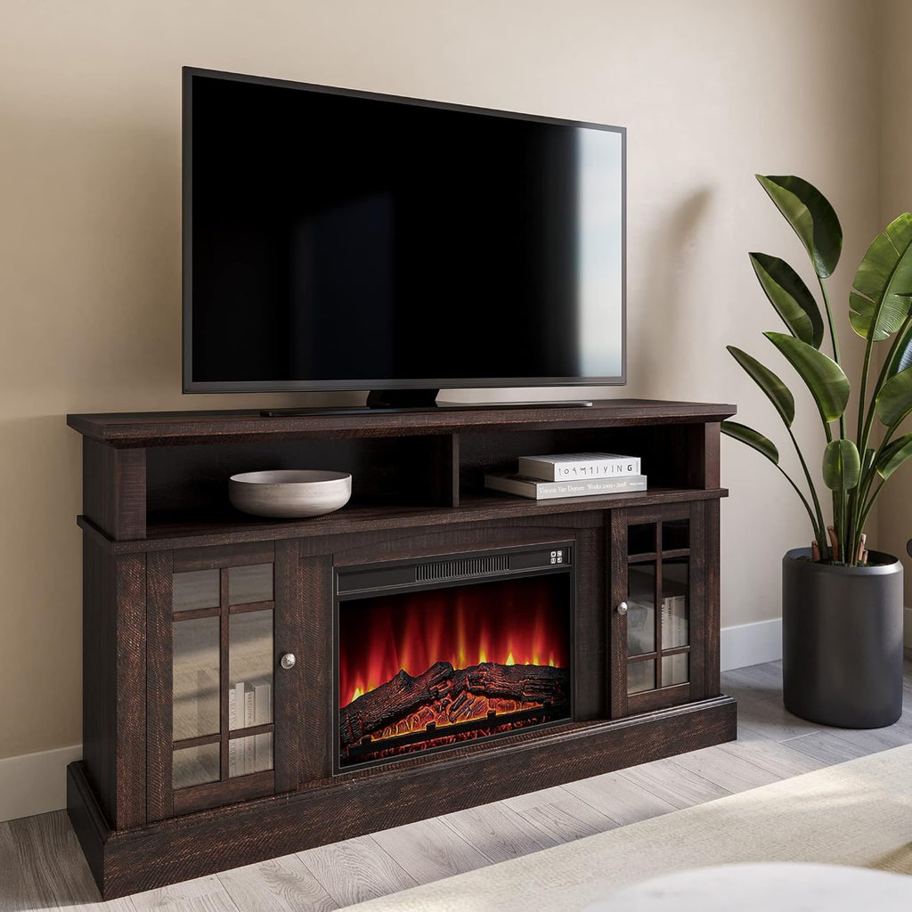 Traditional Rustic Electric Fireplace TV Stand with Open Storage Shelves & Cabinets (Light Gray) T153524