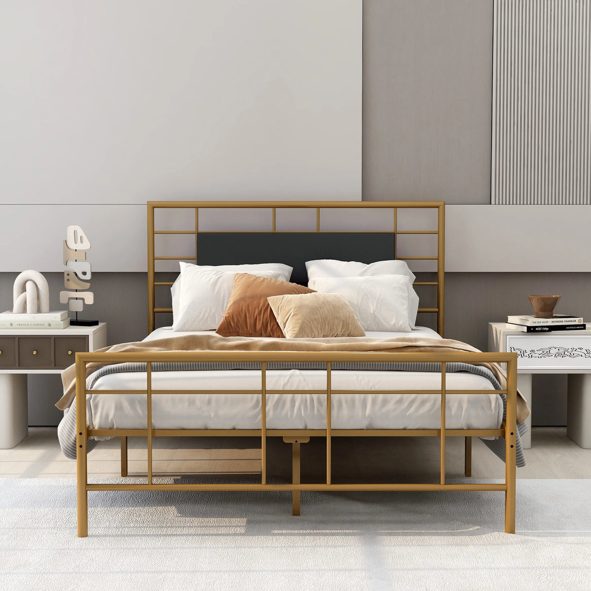 Queen Size Black Metal Platform Bed Frame with Leather Upholstered Headboard K5803