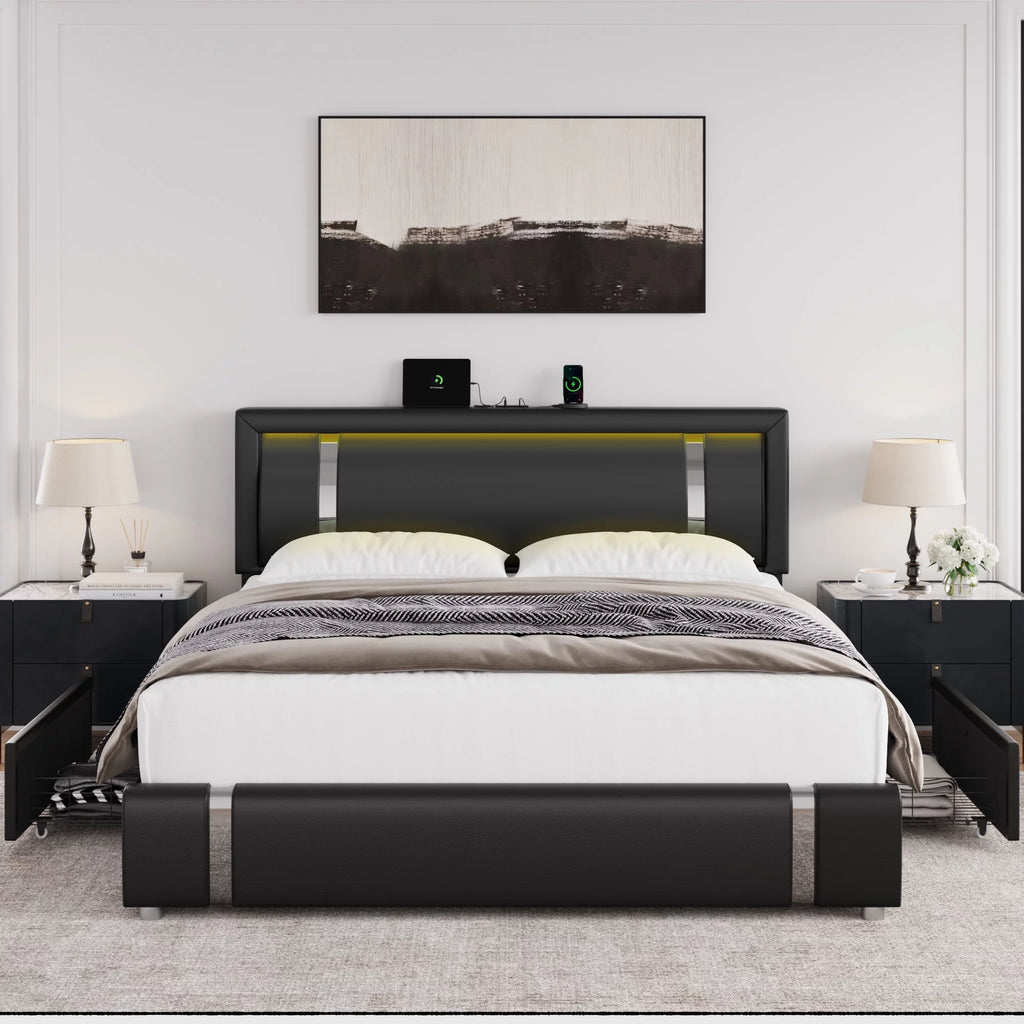 White Queen Size LED Bed Frame with 2 Storage Drawers F24069