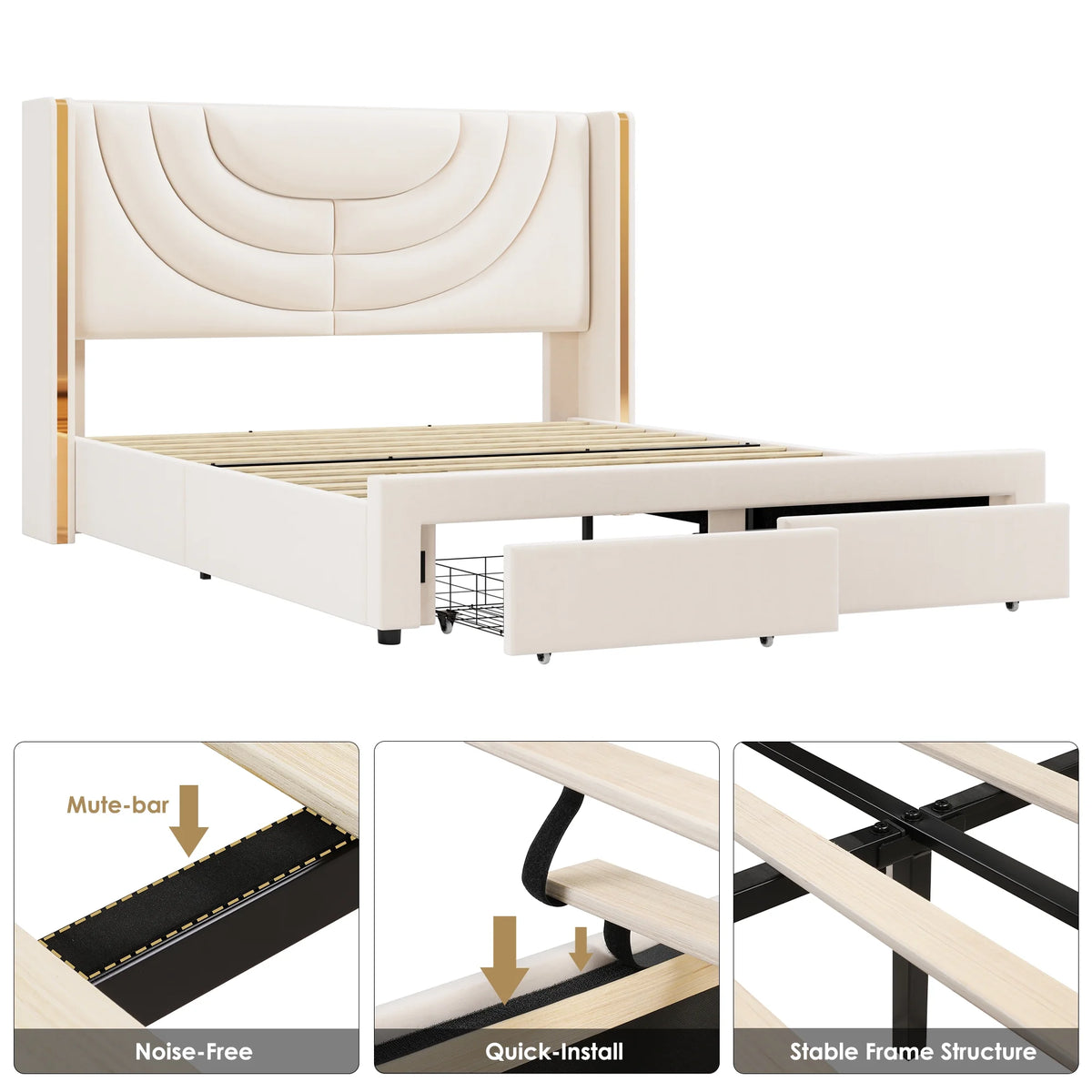Full Size Velvet Upholstered Platform Bed Frame with 2 Drawers E30159