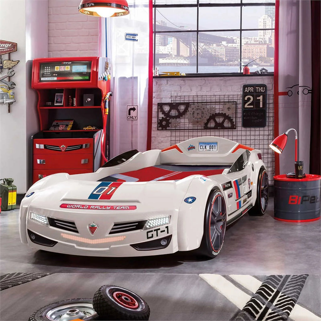 White Wood Twin Race Car Bed A436234