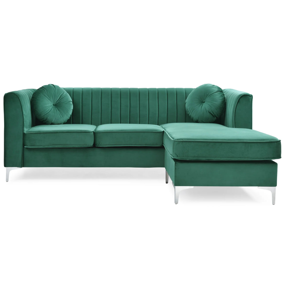 Green Velvet L-Shape 3-Seater Sectional Sofa with 2-Throw Pillow F43814