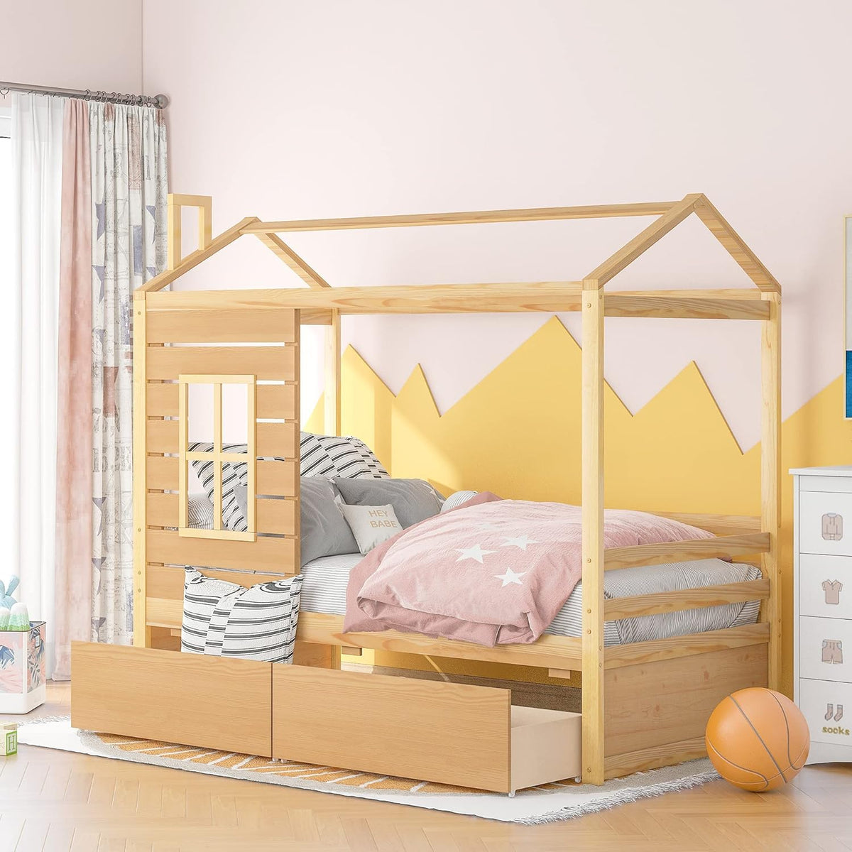 White Twin House Shape Wooden Floor Bed with Trundle O243352
