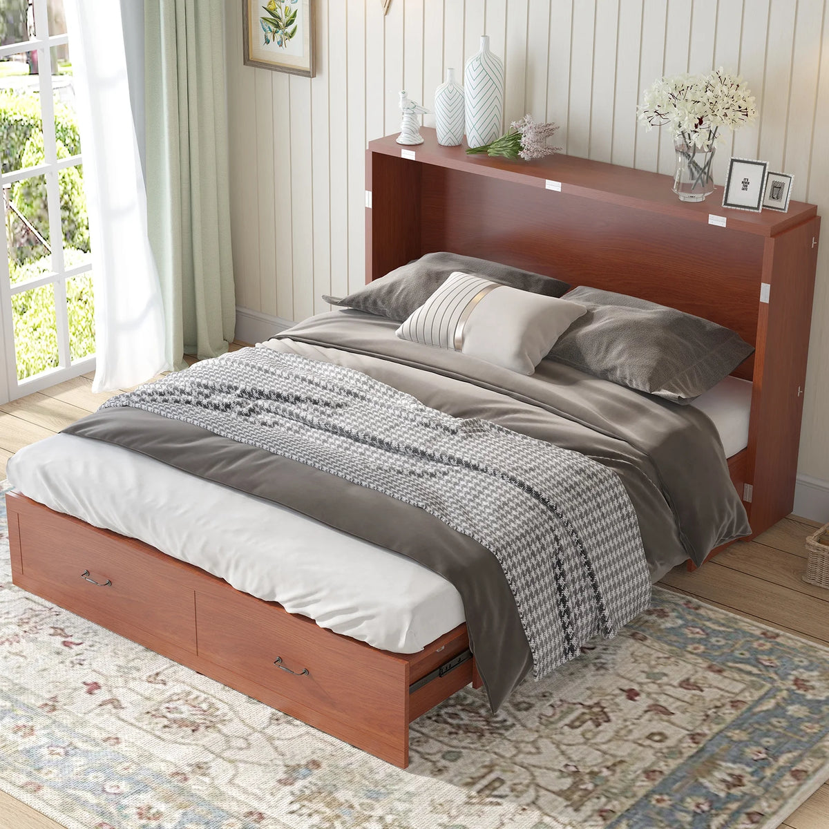 Queen Murphy Bed Cabinet with Charging Station and Memory Foam Mattress X542