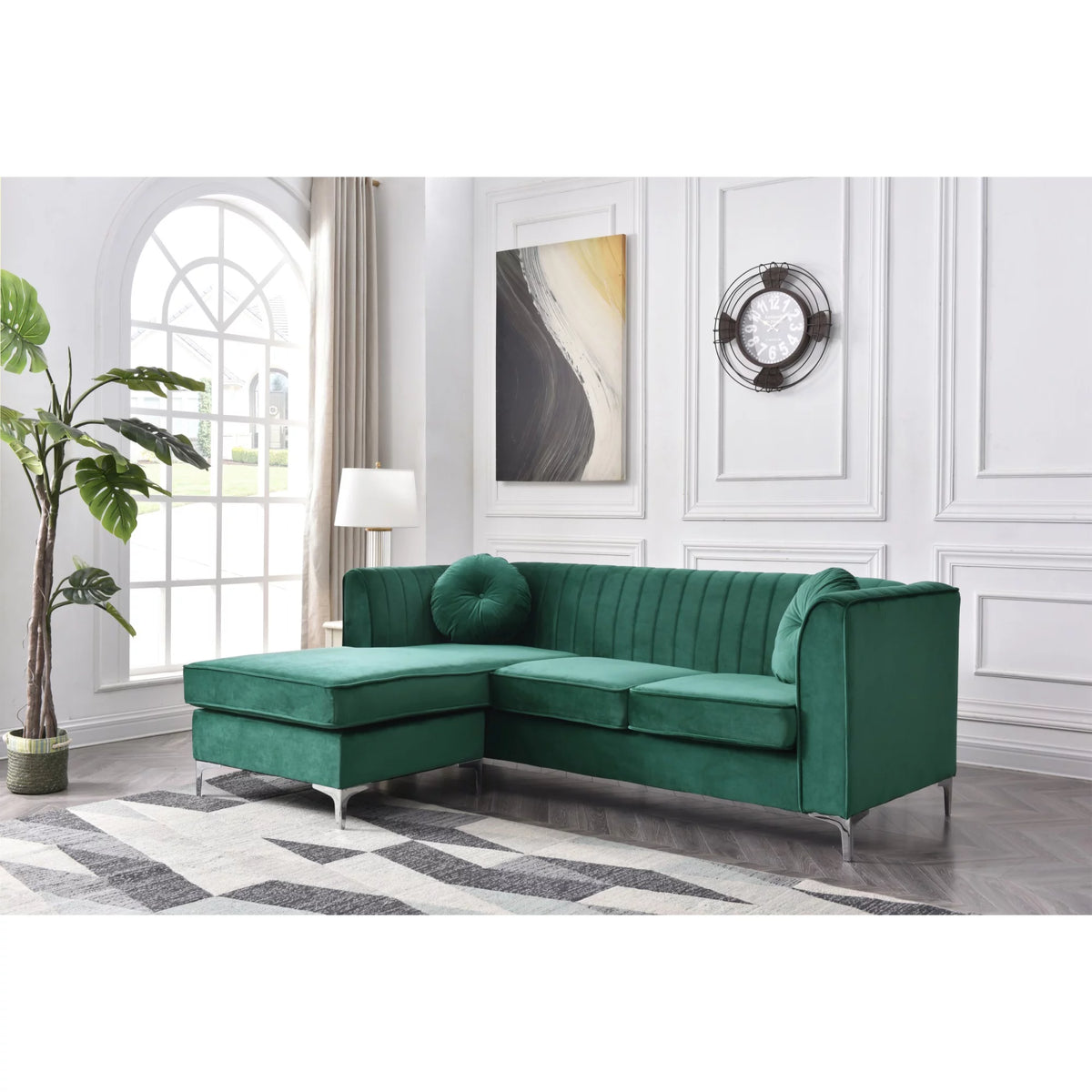 Green Velvet L-Shape 3-Seater Sectional Sofa with 2-Throw Pillow F43814