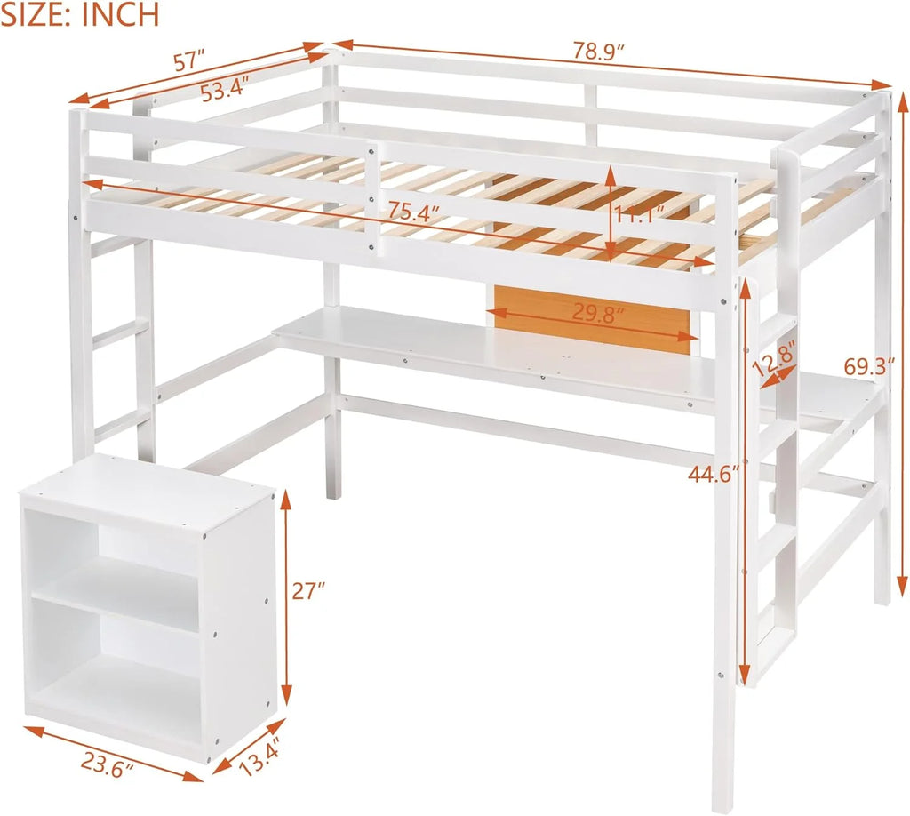 White Full Size Wood Loft Bed Frame with Desk and Storage Shelves Q57059