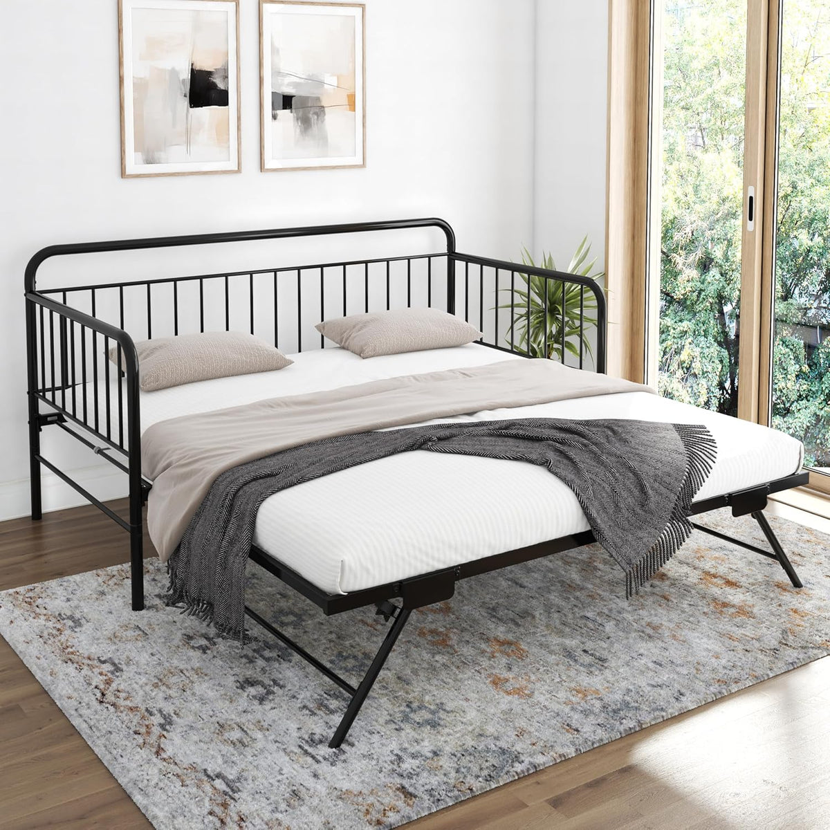 Black Metal Twin Daybed with Pop Up Trundle Bed B2797