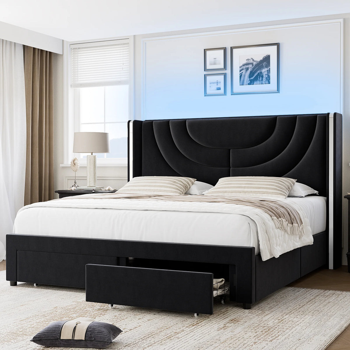 Full Size Velvet Upholstered Platform Bed Frame with 2 Drawers E30159